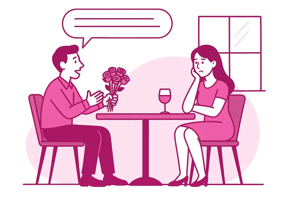 Un homme offre des fleurs et parle à une femme assise en face de lui à une table ; la femme a l'air contrariée et pose sa tête sur sa main.
