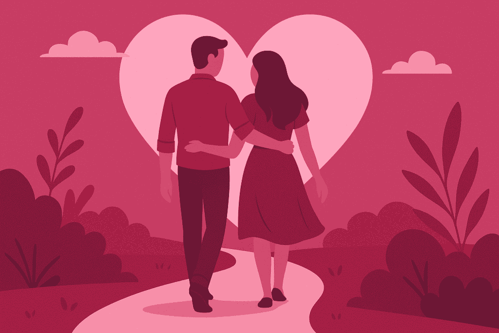 Illustration d'un couple marchant bras dessus bras dessous sur un chemin, avec une grande forme de cœur derrière eux et des plantes stylisées de chaque côté.