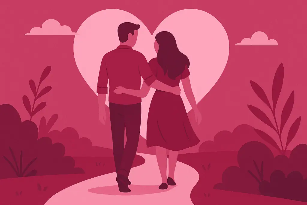 Illustration d'un couple marchant bras dessus bras dessous sur un chemin, avec une grande forme de cœur derrière eux et des plantes stylisées de chaque côté.
