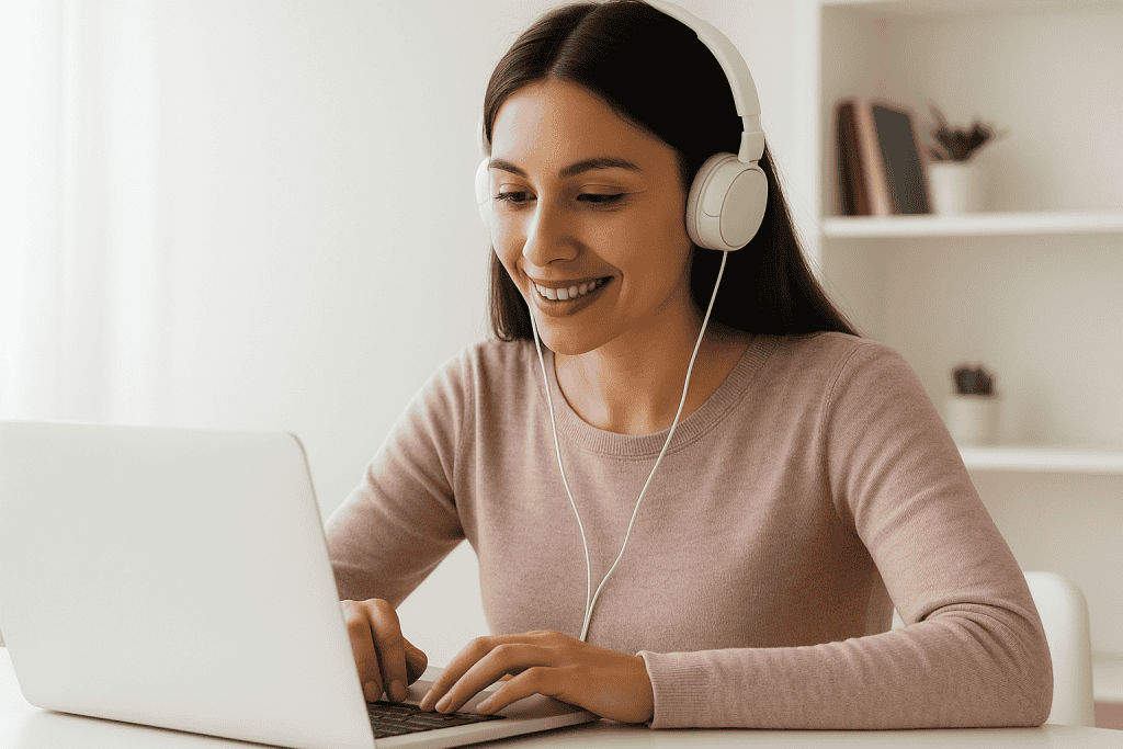 Une femme portant des écouteurs est assise à un bureau en train de taper sur un ordinateur portable, souriante, avec des étagères et des livres en arrière-plan.