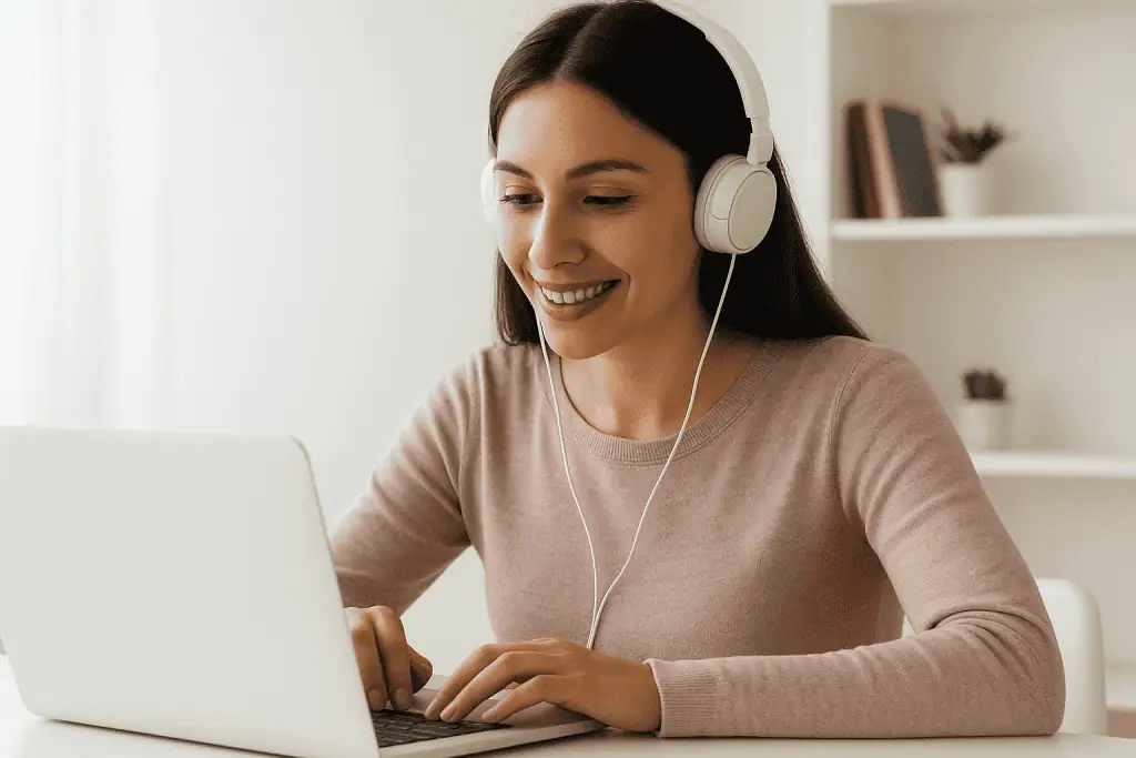 Une femme portant des écouteurs est assise à un bureau en train de taper sur un ordinateur portable, souriante, avec des étagères et des livres en arrière-plan.