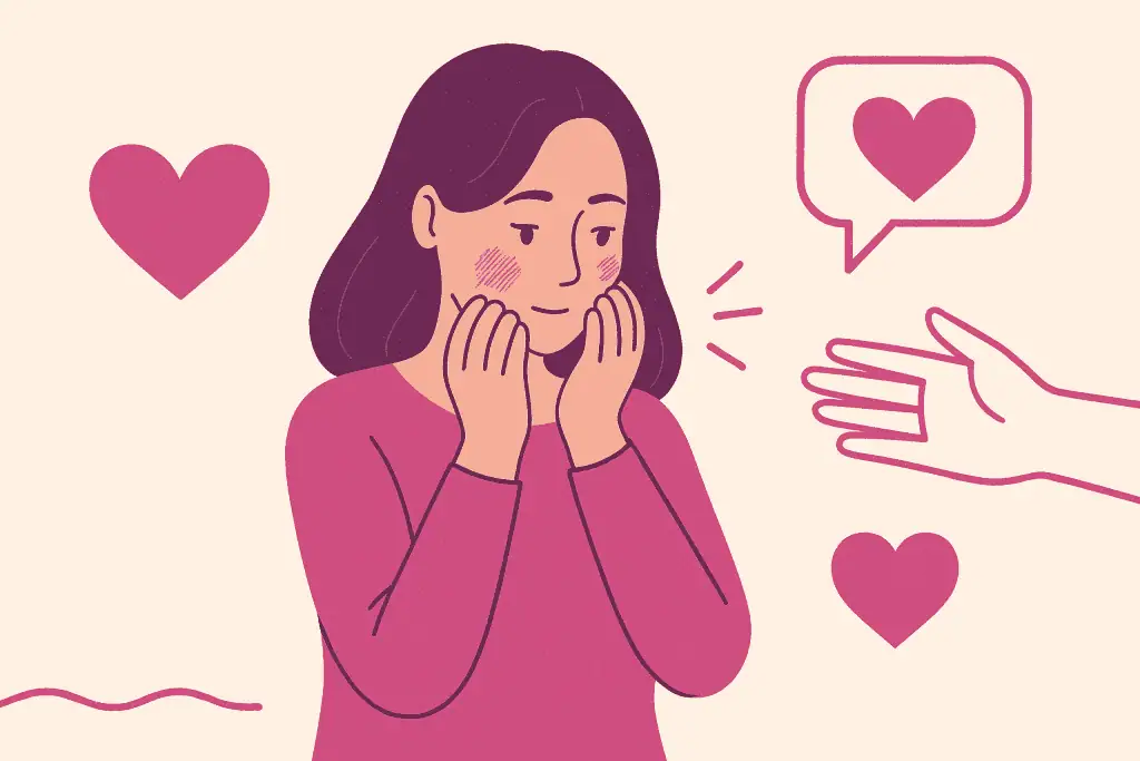Illustration d'une personne rougissante et souriante, se touchant le visage, avec des cœurs et une bulle de dialogue représentant un cœur. Une main est tendue vers la personne.