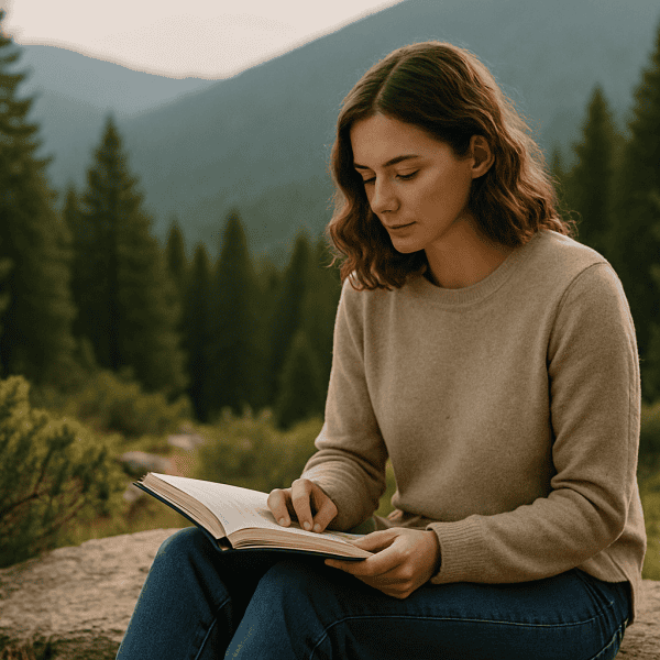 Une femme est assise à l'extérieur sur un rocher dans une zone montagneuse boisée, lisant un livre et portant un pull beige et un jean.