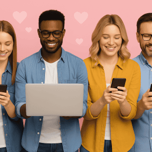 Quatre personnes debout côte à côte devant un fond rose avec des icônes de cœur, utilisant un ordinateur portable et des smartphones, souriant et regardant leurs appareils.