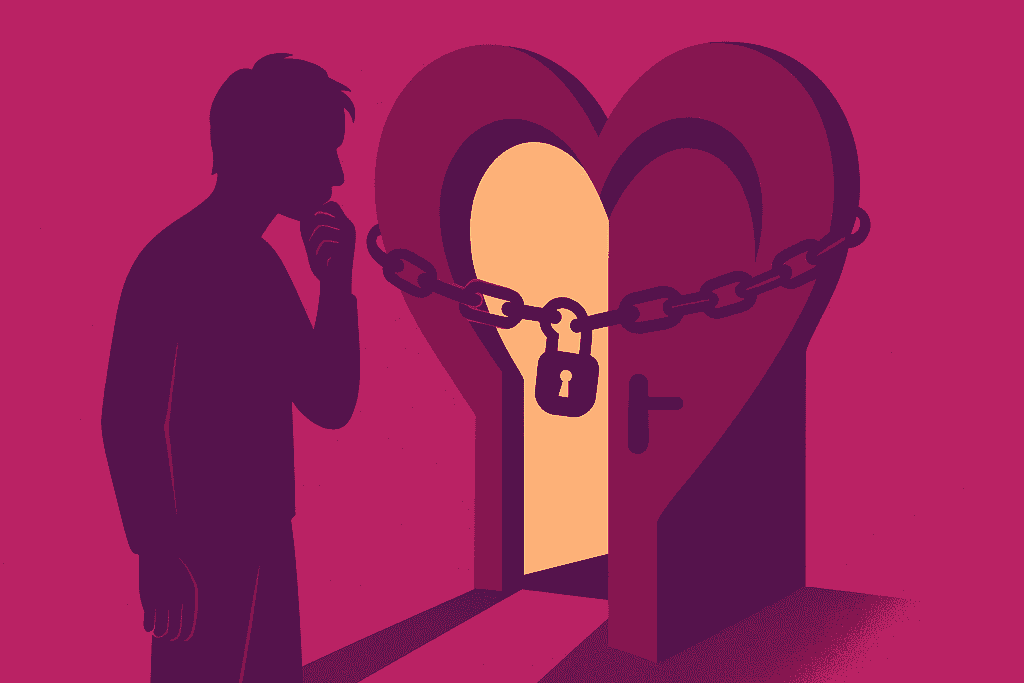 Silhouette d'une personne debout devant une porte en forme de cœur sécurisée par une chaîne et un cadenas, suggérant des barrières émotionnelles ou des sentiments gardés.