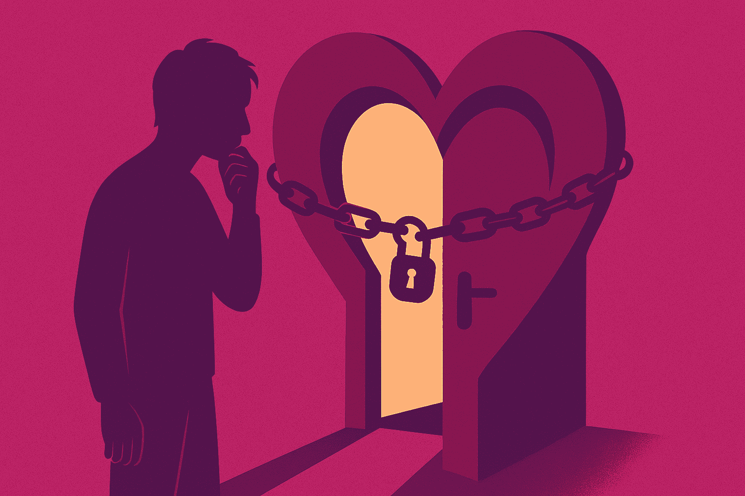 Silhouette d'une personne debout devant une porte en forme de cœur sécurisée par une chaîne et un cadenas, suggérant des barrières émotionnelles ou des sentiments gardés.