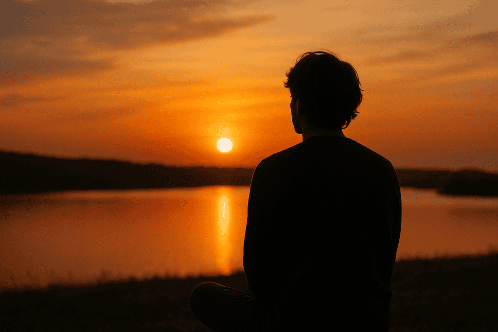 Une personne est assise les jambes croisées sur l'herbe, face à un lac et regarde le coucher de soleil avec des nuages orange dans le ciel.