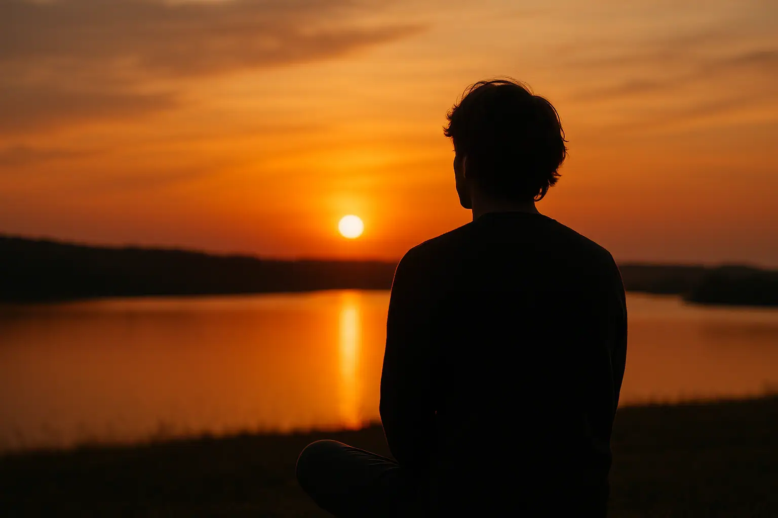 Une personne est assise les jambes croisées sur l'herbe, face à un lac et regarde le coucher de soleil avec des nuages orange dans le ciel.