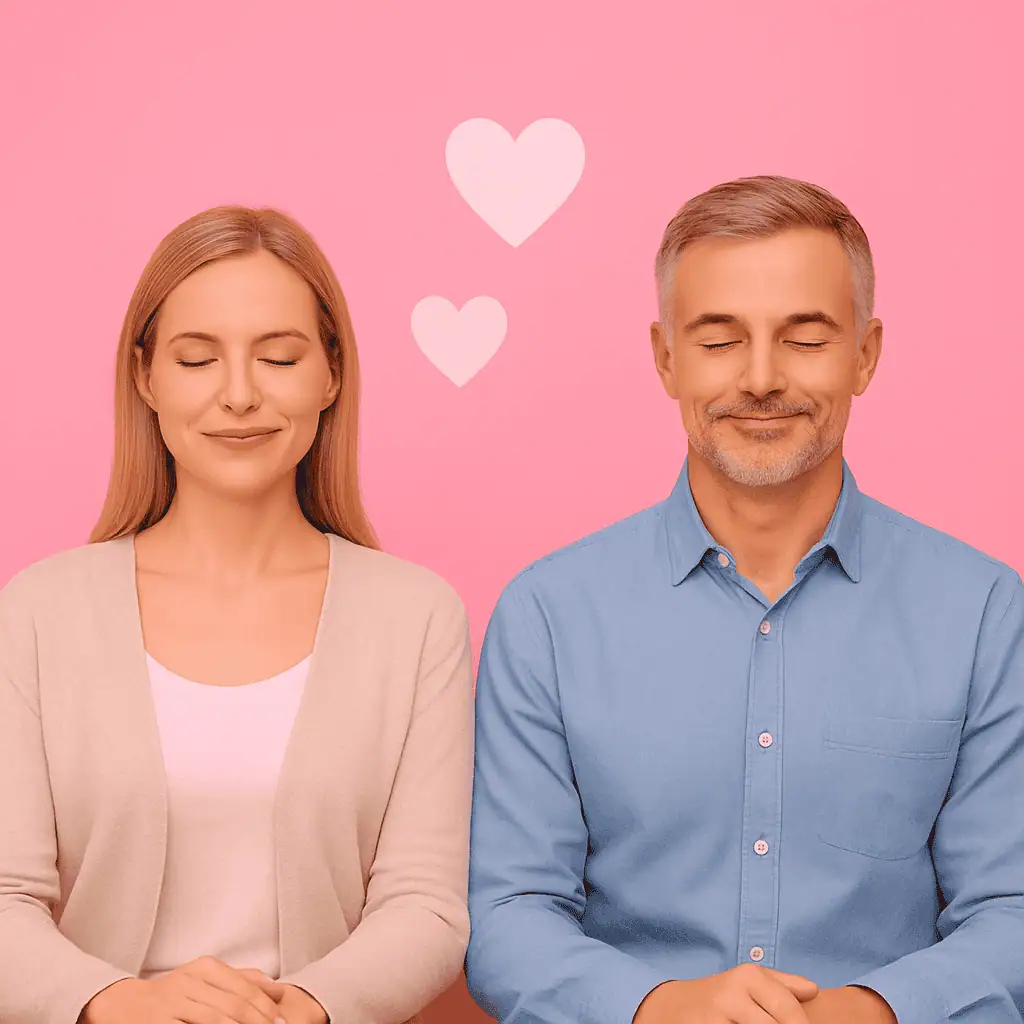 Une femme et un homme sont assis côte à côte, les yeux fermés, souriant légèrement, devant un fond rose avec deux formes de cœur blanches au-dessus d'eux.