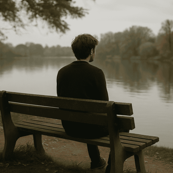 Une personne est assise seule sur un banc en bois au bord d'un lac calme, face à l'eau avec des arbres en arrière-plan par une journée nuageuse.