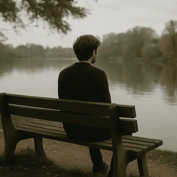 Une personne est assise seule sur un banc en bois au bord d'un lac calme, face à l'eau avec des arbres en arrière-plan par une journée nuageuse.