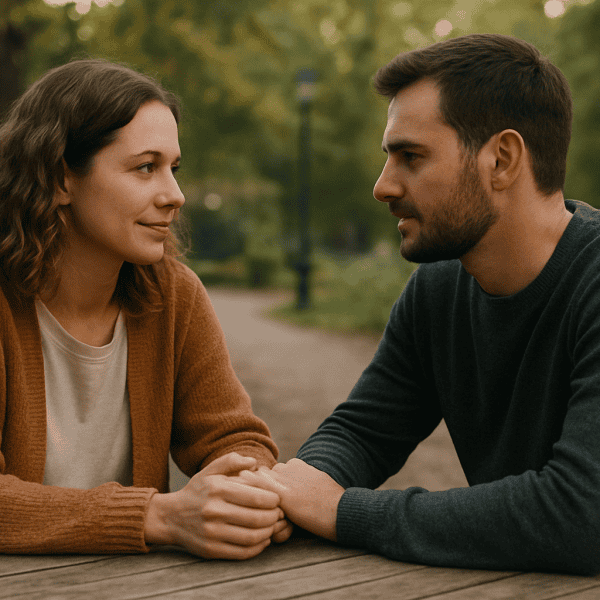 Une femme et un homme sont assis à une table en bois à l'extérieur, se tenant la main et se regardant d'un air sérieux. Des arbres et un sentier sont visibles en arrière-plan.